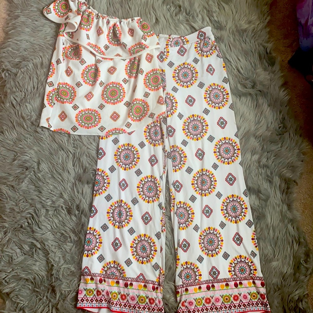 Two piece off one shoulder top with flare pants